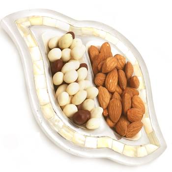 Diwali hampers- silver 2 part nutties and almonds tray 1