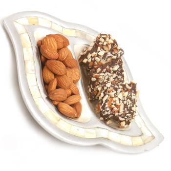 Diwali hampers- silver 2 part english chocolate brittles and almonds tray 1
