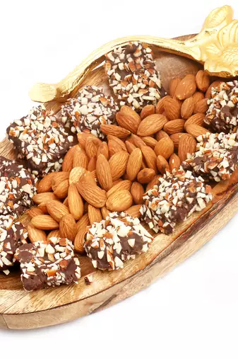 Diwali hampers-  wooden almond and english brittle chocolate platter
