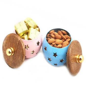 Diwali hampers- set of 2 chocolate and almonds metal jars 1