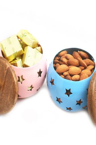 Diwali hampers- set of 2 chocolate and almonds metal jars