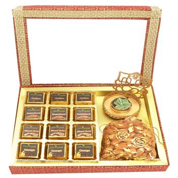 12 pcs assorted chocolates, shadow ganesha t-lite and almonds pouch hamper box 1