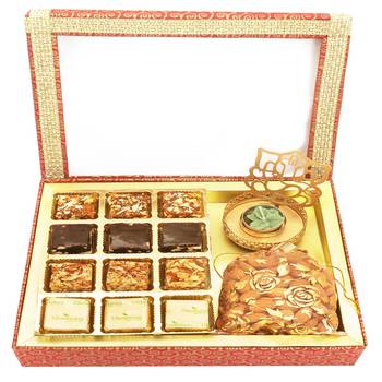 12 pcs assorted bites, shadow ganesha t-lite and almonds pouch hamper box 1