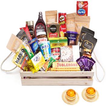 Jumbo wooden basket hamper  of 40 goodies with 2 t-lites 1