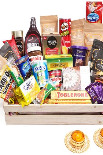 Jumbo wooden basket hamper  of 40 goodies with 2 t-lites