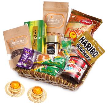 Brown cane like basket hamper  of 20 goodies with 2 t-lites 1