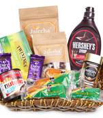 Brown cane like basket hamper  of 18 goodies