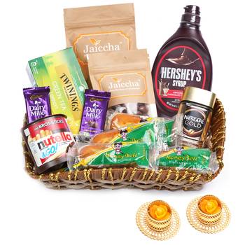 Brown cane like basket hamper  of 18 goodies with 2 t-lites 1