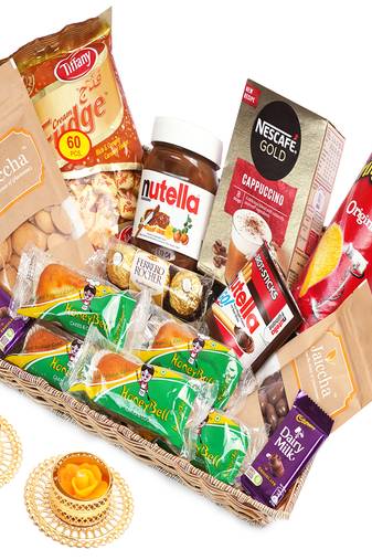 Big rectangle basket hamper  of 21 goodies with 2 t-lites