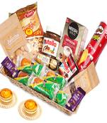 Big rectangle basket hamper  of 21 goodies with 2 t-lites