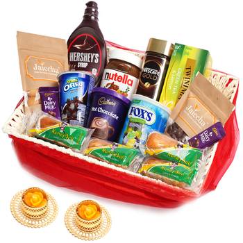 Red net basket hamper  of 21 goodies with 2 t-lites 1