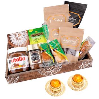Wooden tray hamper with kaju katlis with 2 t-lites 1