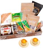 Wooden tray hamper with milk cakes with 2 t-lites