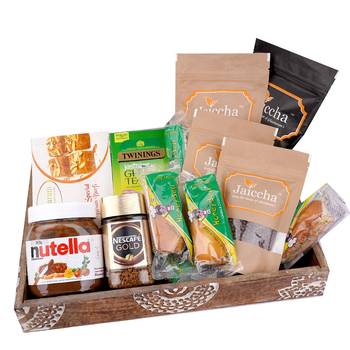 Wooden tray hamper with besan barfis 1