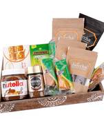 Wooden tray hamper with besan barfis