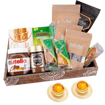 Wooden tray hamper with besan barfis with 2 t-lites 1