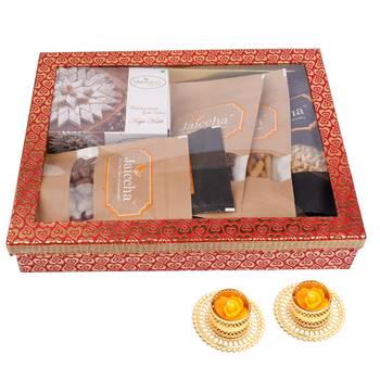 Hamper box 6 goodies with kaju katlis with 2 t-lites 1