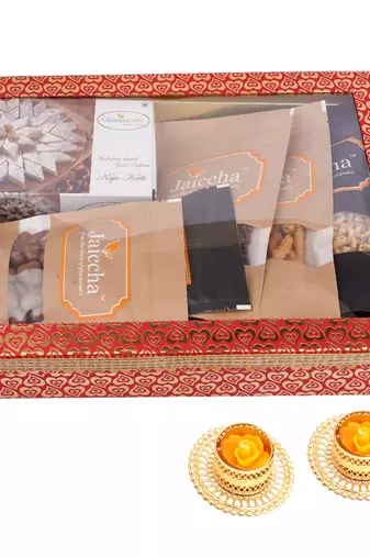 Hamper box 6 goodies with kaju katlis with 2 t-lites