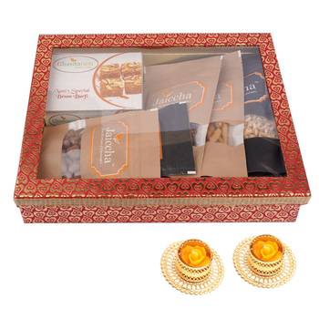 Hamper box 6 goodies with besan barfi with 2 t-lites 1