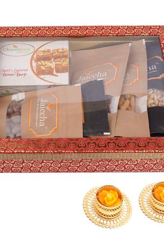 Hamper box 6 goodies with besan barfi with 2 t-lites