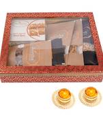 Hamper box 6 goodies with besan barfi with 2 t-lites