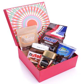 Red hamper box of snickers, chocolate coated almonds, nescafe gold coffee (50 gms), nutella and mini oreo 1