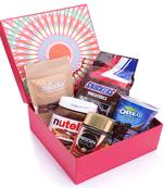 Red hamper box of snickers, chocolate coated almonds, nescafe gold coffee (50 gms), nutella and mini oreo