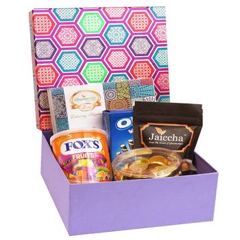 Gourmet hamper box of crunchy coated cashews, oreo wafer, foxs, coin chocolates and assorted bites box 1