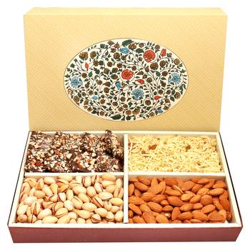 Eco 4 part print hamper box with almonds, pistachios, namkeen and english brittles chocolates 600 gms 1