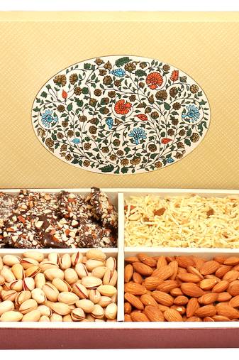 Eco 4 part print hamper box with almonds, pistachios, namkeen and english brittles chocolates 600 gms
