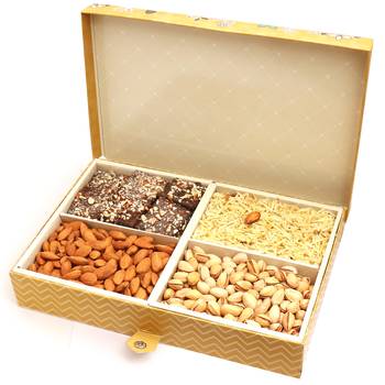Gold 4 print hamper box with almonds, pistachios, namkeen and english brittles chocolates 600 gms 2