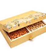 Gold 4 print hamper box with almonds, pistachios, namkeen and english brittles chocolates 1000 gms