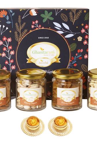 Ghasitaram hamper box  with dryfruit jars with 2 t-lights