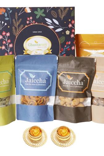 Ghasitaram hamper box of 5 pouches with 2 t-lights