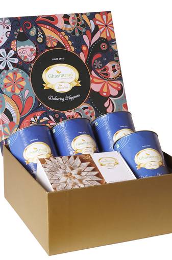 Ghasitaram big hamper box of 4 dryfruit cans and kaju katli
