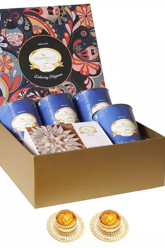 Ghasitaram big hamper box of 4 dryfruit cans and kaju katli