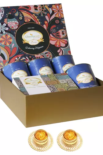 Ghasitaram big hamper box of 4 dryfruit cans and mewa bites