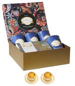 Ghasitaram big hamper box of 4 dryfruit cans and mewa bites and 2 t-lights