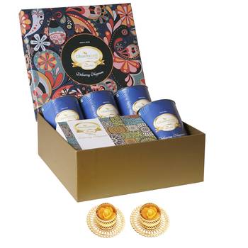 Ghasitaram big hamper box of 4 cans and mewa bites and 2 t-lights 1