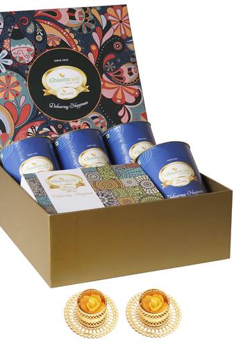 Ghasitaram big hamper box of 4 cans and mewa bites and 2 t-lights