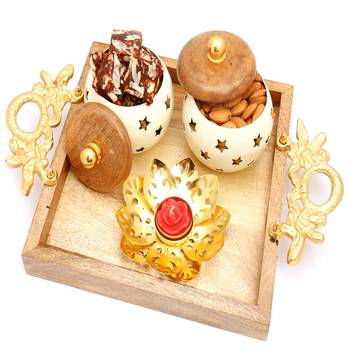 Healthy hampers - square wooden pooja thali/ platter with almonds and sugarfree mix jar and golden t-lite 1