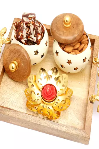 Healthy hampers - square wooden pooja thali/ platter with almonds and sugarfree mix jar and golden t-lite