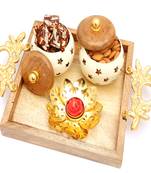 Healthy hampers - square wooden pooja thali/ platter with almonds and sugarfree mix jar and golden t-lite