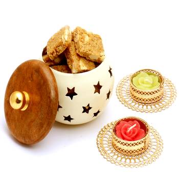 Healthy hampers - white wooden granula bites jar with 2 t-lites 1