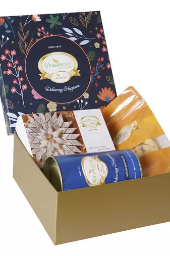 Ghasitaram hamper box small with kaju katli