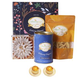 Ghasitaram hamper box small with kaju katli and 2 t-lights 1