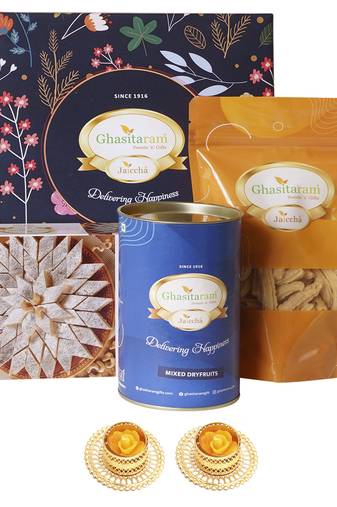 Ghasitaram hamper box small with kaju katli and 2 t-lights