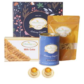 Ghasitaram hamper box small with milk cake and 2 t-lights 1