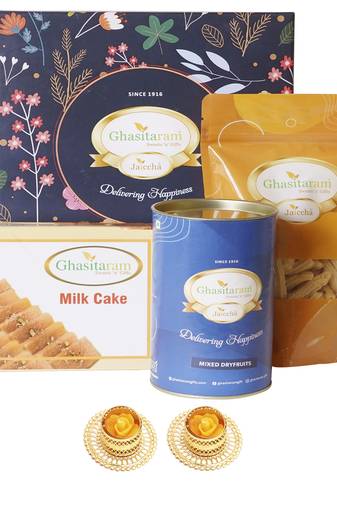 Ghasitaram hamper box small with milk cake and 2 t-lights