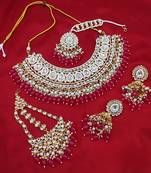 Indian gold plated kundan pearl choker bridal necklace jewellery set with earrings and mangtika.
